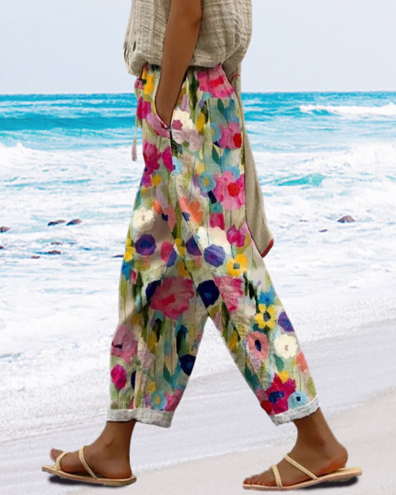 Women's Pants - Loose Fit - High-Waisted with Elastic - Lightweight Fabric - Wide Legs