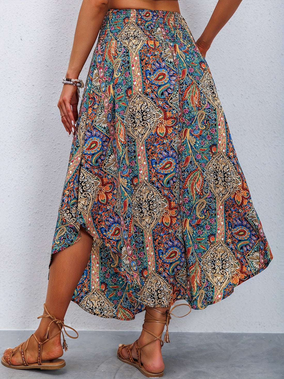 Paisley Print Elastic Waist Asymmetric Maxi Skirt