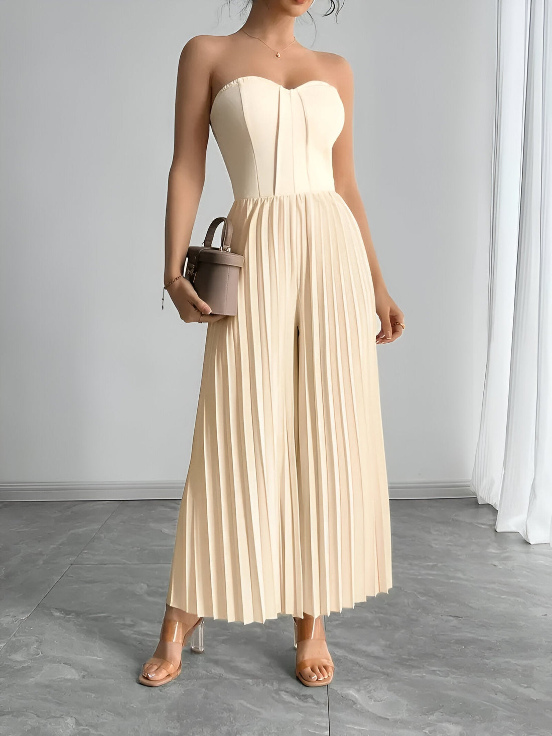 Strapless Sweetheart Pleated Wide Leg Jumpsuit