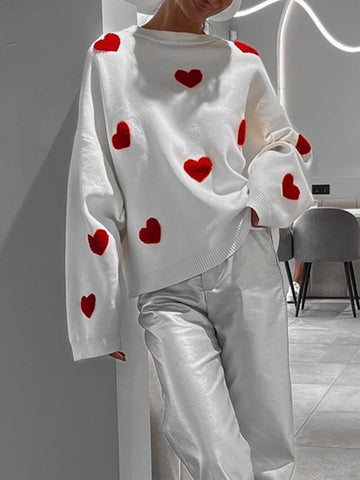 Oversized Fit Heart Pattern Knit Sweatshirt