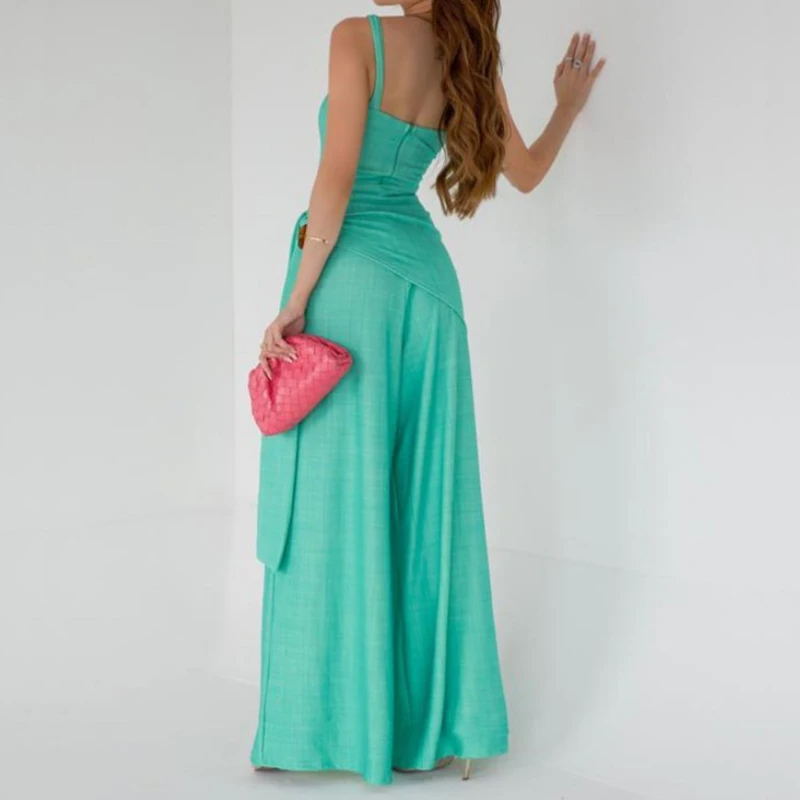 Spaghetti Strap Fitted Waist Wide Leg Jumpsuit