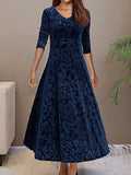Women's Evening Dress - Velvet - V-neck - A-line - 3/4 Sleeves - Floral Pattern