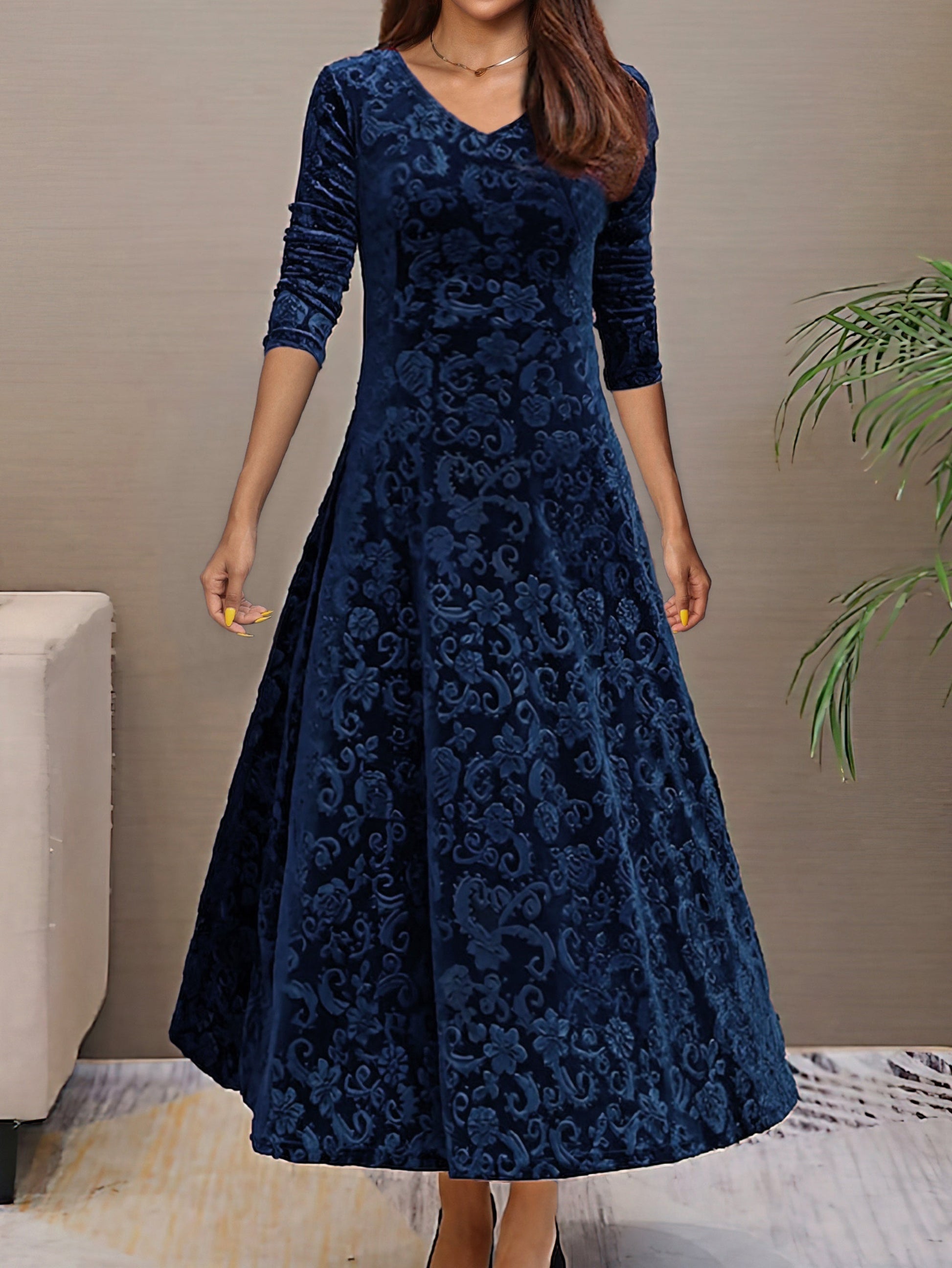 Women's Evening Dress - Velvet - V-neck - A-line - 3/4 Sleeves - Floral Pattern