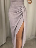 Women's Off-Shoulder Dress - Tight Fit - Draped Design - High Slit