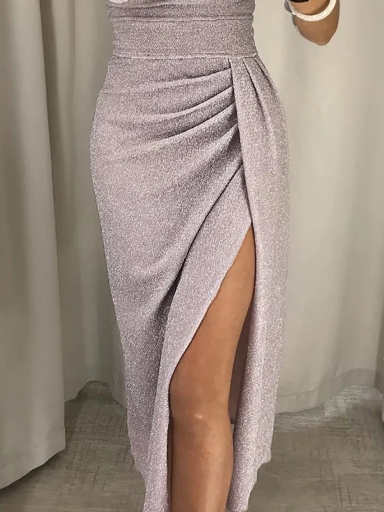 Women's Off-Shoulder Dress - Tight Fit - Draped Design - High Slit