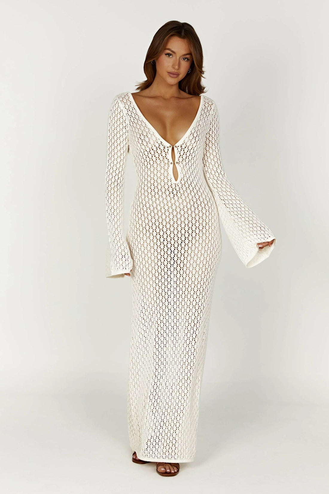 Crochet Knit Long Sleeve V-Neck Maxi Dress