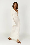 Women's Maxi Dress - Crochet Knit - V-Neck - Long Sleeves - Bohemian Elegant Look