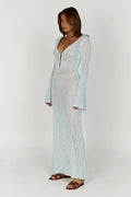 Women's Maxi Dress - Crochet Knit - V-Neck - Long Sleeves - Bohemian Elegant Look