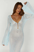 Women's Maxi Dress - Crochet Knit - V-Neck - Long Sleeves - Bohemian Elegant Look