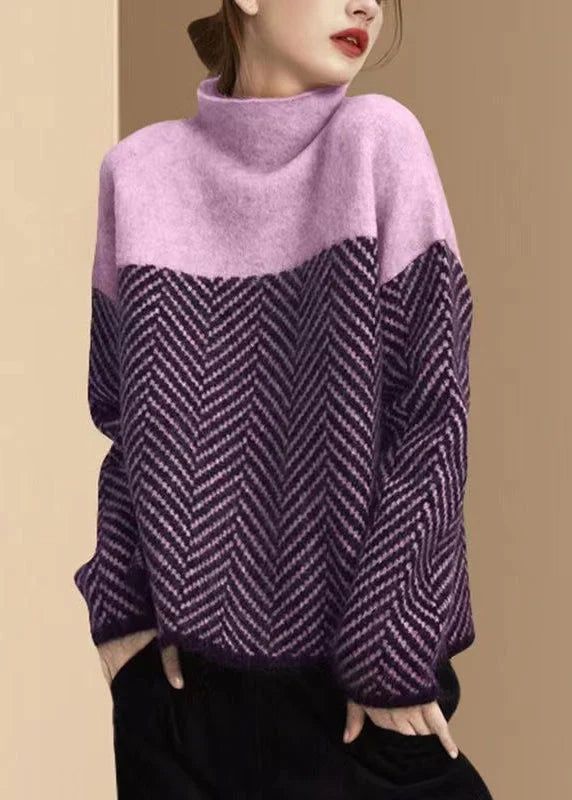 Herringbone Wool Relaxed Fit Turtleneck Sweater