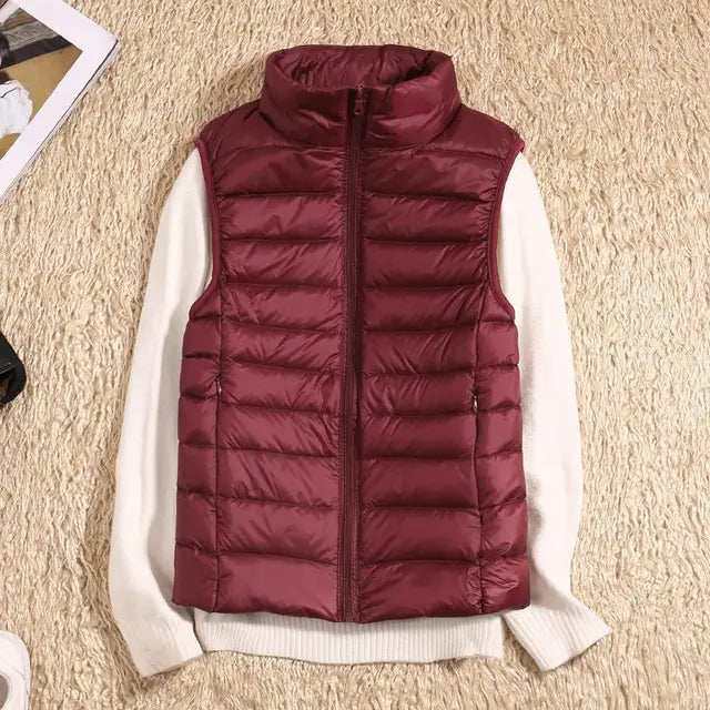 Women's Down Vest - Lightweight Insulated - High Collar - Quilted Design - Zipper Closure