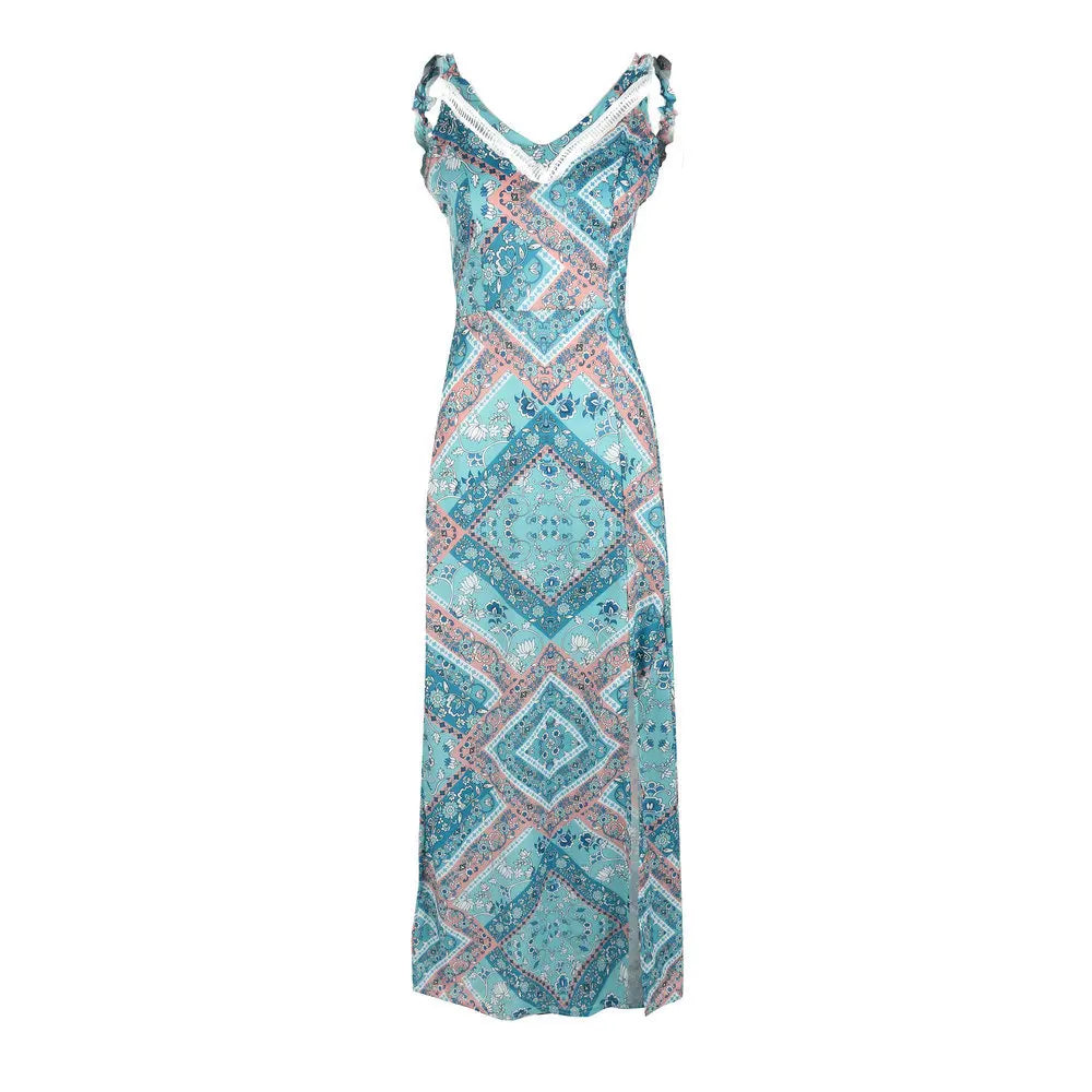 Women's Maxi Dress - V-Neck Sleeveless - A-Line Fit - Lightweight and Breathable with High Slit
