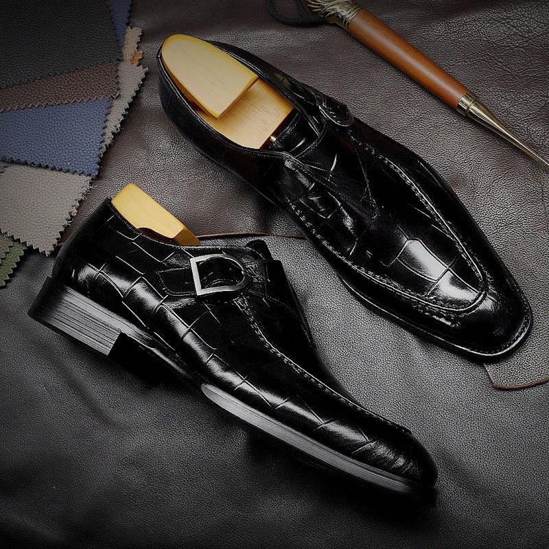 Men's Shoes Monk Strap – Polished Leather – Embossed Pattern – Square Toe Formal