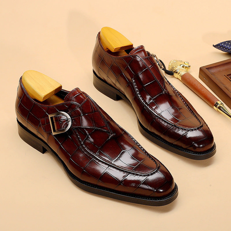 Men's Shoes Monk Strap – Polished Leather – Embossed Pattern – Square Toe Formal