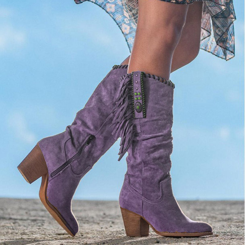 Women's Knee-High Boots – Imitation Suede – Fringes and Studs – Western Style – Block Heel