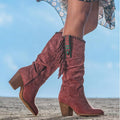 Women's Knee-High Boots – Imitation Suede – Fringes and Studs – Western Style – Block Heel