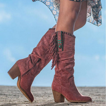 Fringe Studded Western Style Knee-High Boots