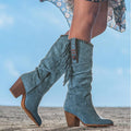 Women's Knee-High Boots – Imitation Suede – Fringes and Studs – Western Style – Block Heel