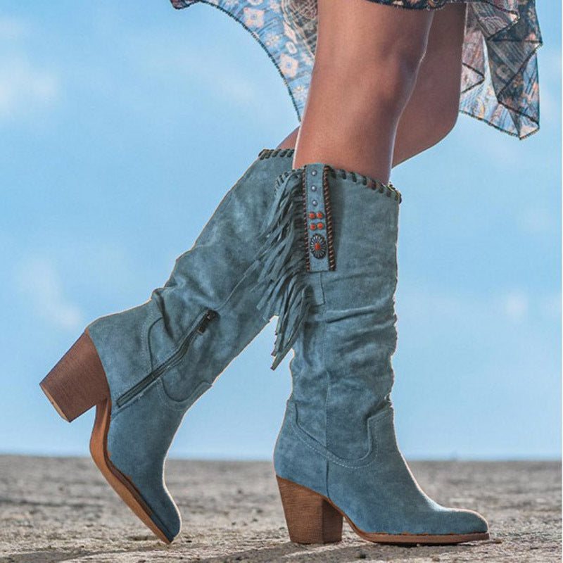 Women's Knee-High Boots – Imitation Suede – Fringes and Studs – Western Style – Block Heel