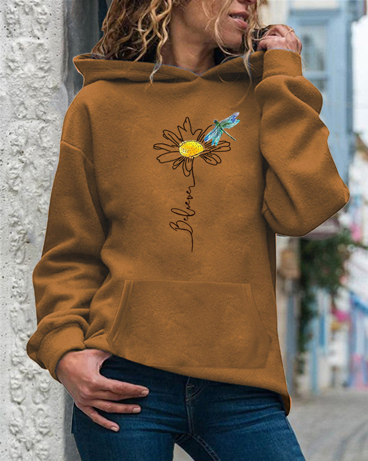 Sunflower Print Relaxed Fit Hooded Sweatshirt