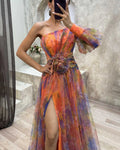 Women's Evening Dress - One-Shoulder Long Sleeve - High Slit Flowing Design - Elegant Party Dress