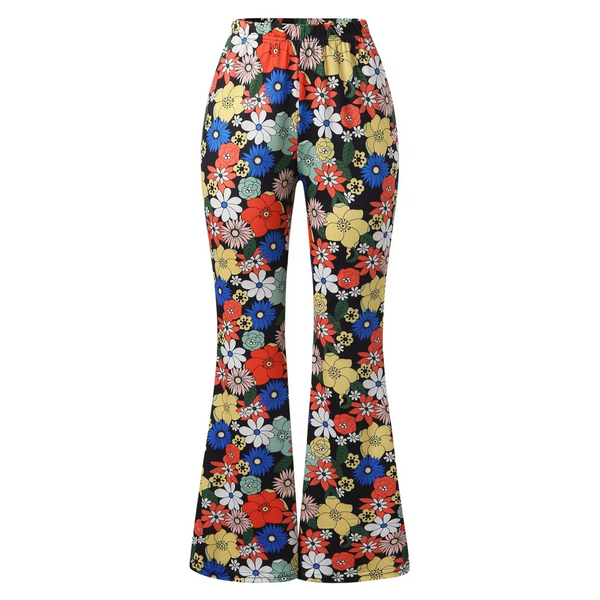 Women's Sectioned Pants - High Waist - Floral Pattern - Retro Flared Design