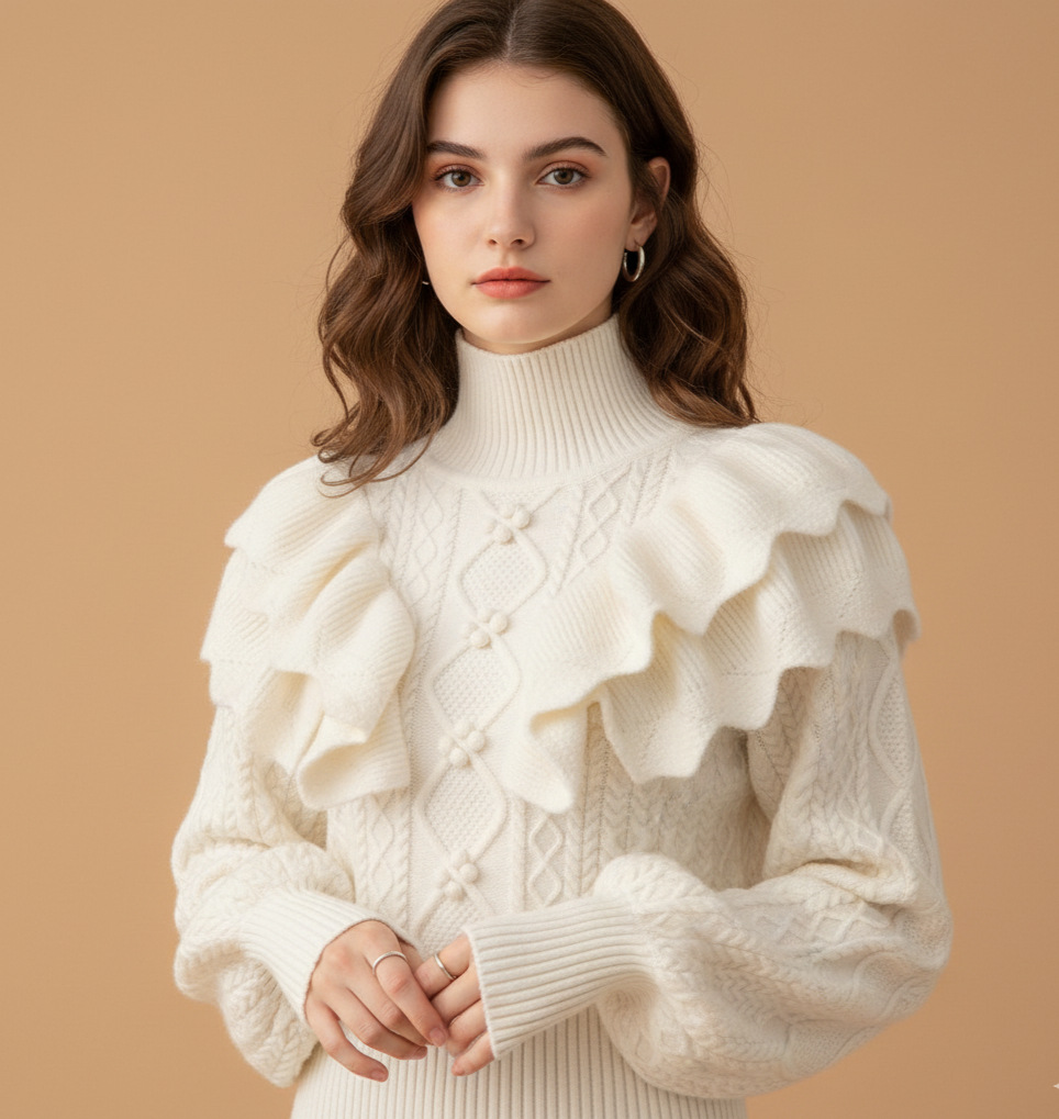 Ruffled Shoulder - Cable Knit - High Neck Sweater