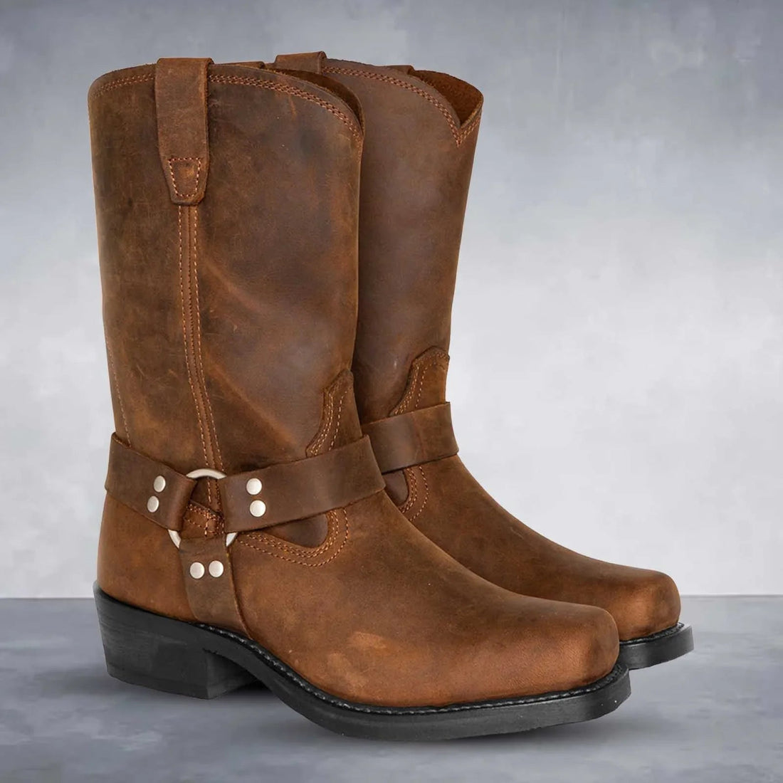 Harness Strap Mid Calf Leather Cowboy Boots