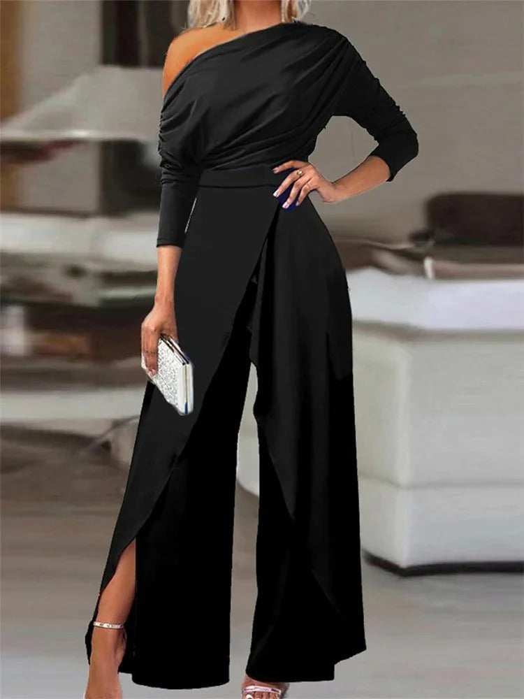 One-Shoulder Draped Fit Wide-Leg Jumpsuit