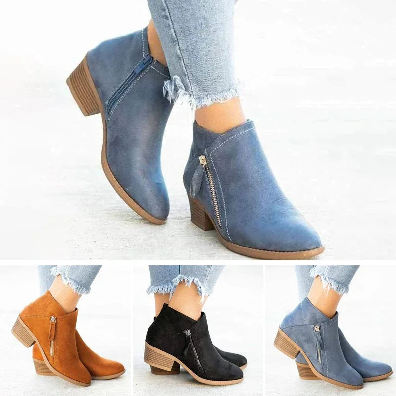 Women's Ankle Boots – Soft Suede – Side Zipper – Comfortable Low Heel