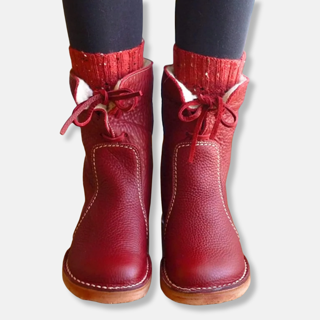 Lace-Up Leather Plush Faux Shearling Ankle Boots