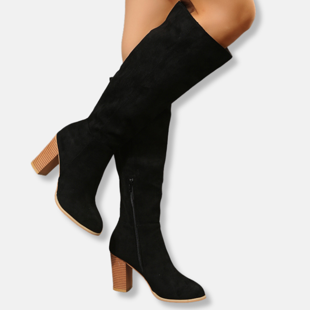 Faux Suede Almond Toe Block Heel Knee-High Boots