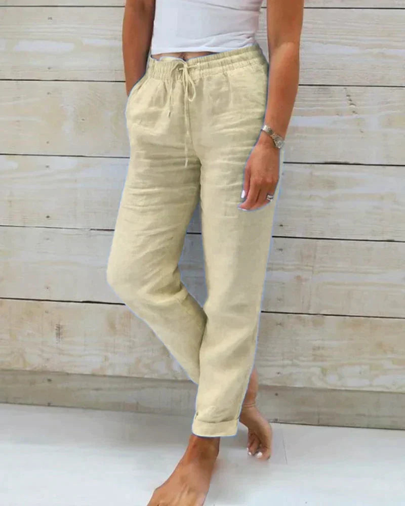 Women's Pants - Relaxed Fit - 100% Linen - Elastic Waist with Drawstring - With Side Pockets