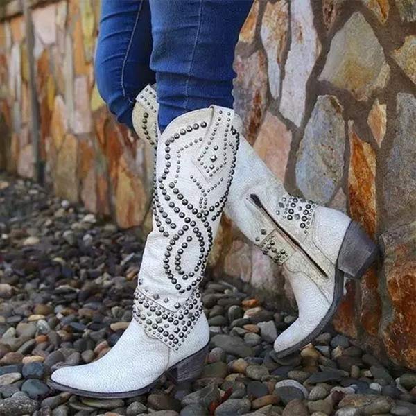 Women's Knee-High Cowboy Boots – Leather Look – Pointed Toe – Stud Styling – Stacked Heel