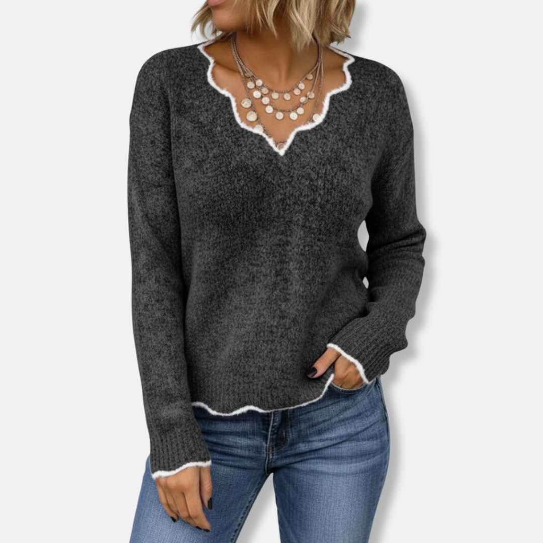 Scalloped Neckline Relaxed Fit Wool Knit Sweater