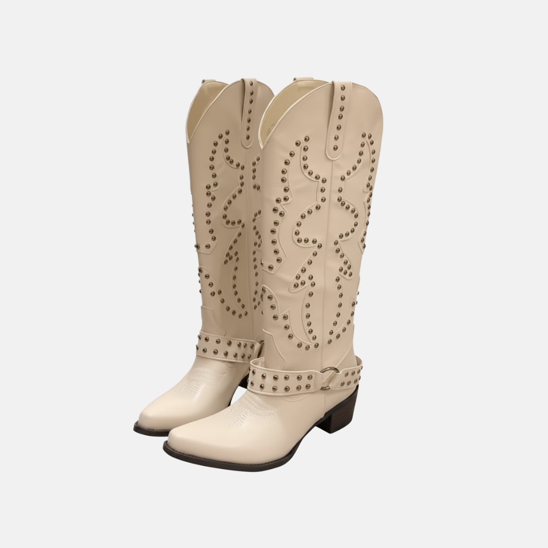 Faux Leather Knee-High Pointed Toe Studded Boots