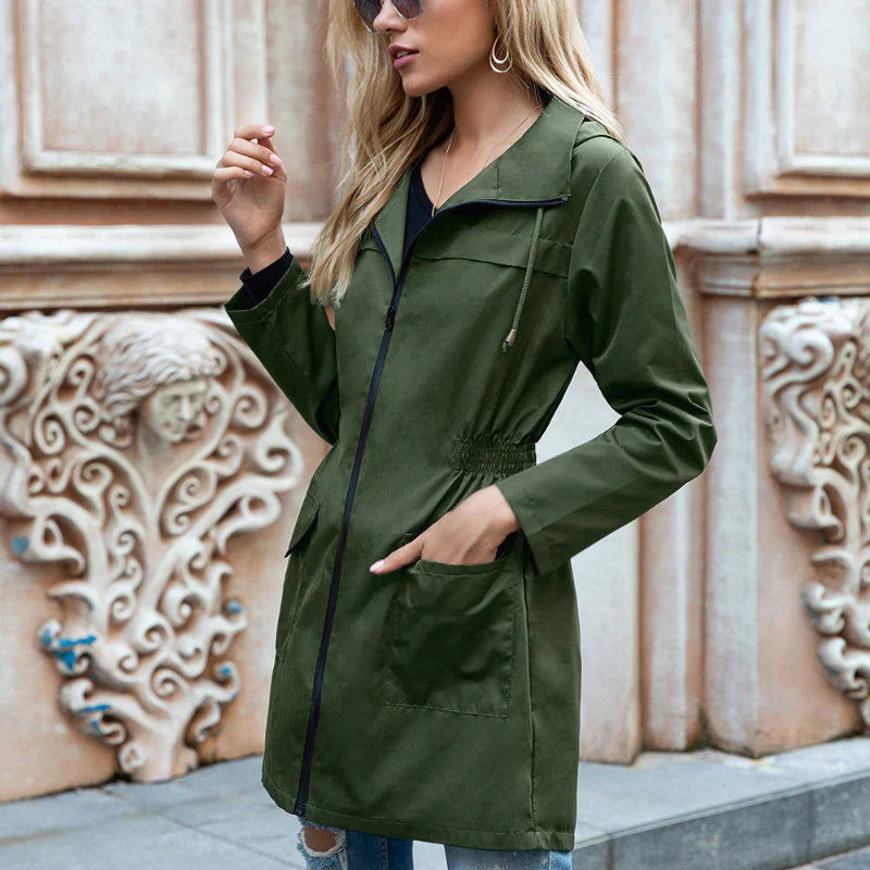 Women's Trench Coat - Lightweight Water-Repellent - Adjustable Waist - Long-Sleeved with Zipper