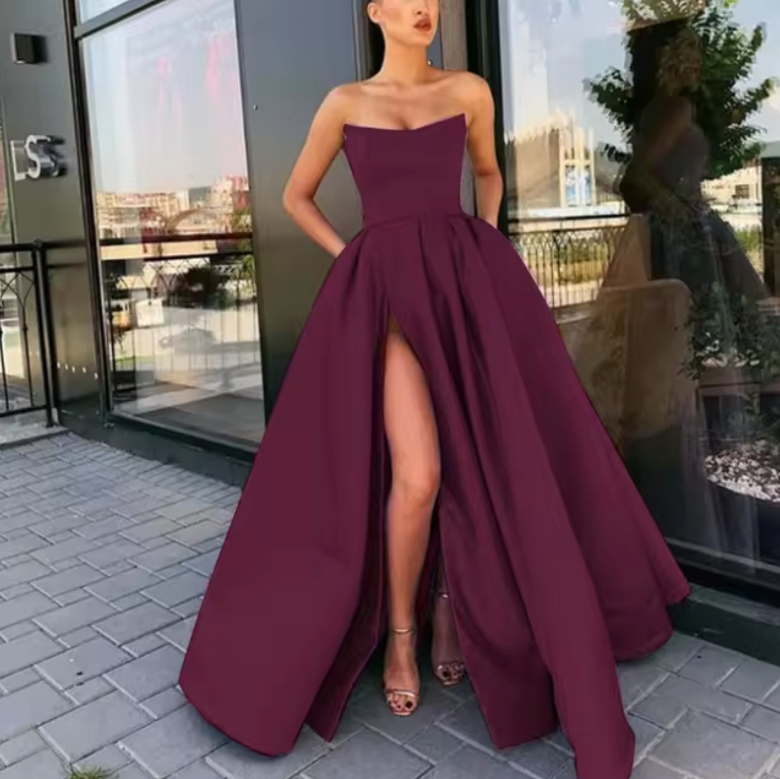 Women's Evening Dress - Strapless A-Line - Floor-Length with High Slit - Elegant Formal Look