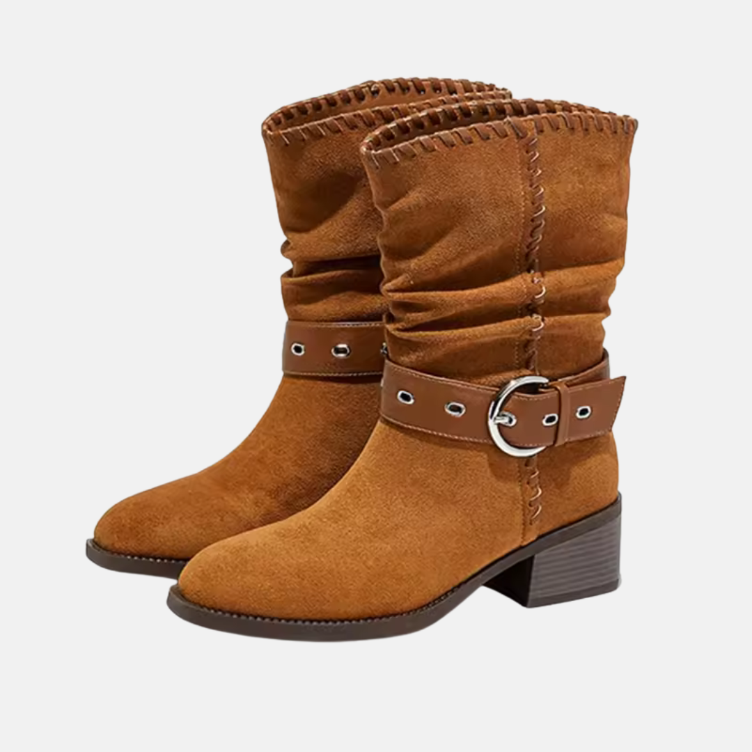 Faux Suede Slouchy Mid-Calf Block Heel Boots