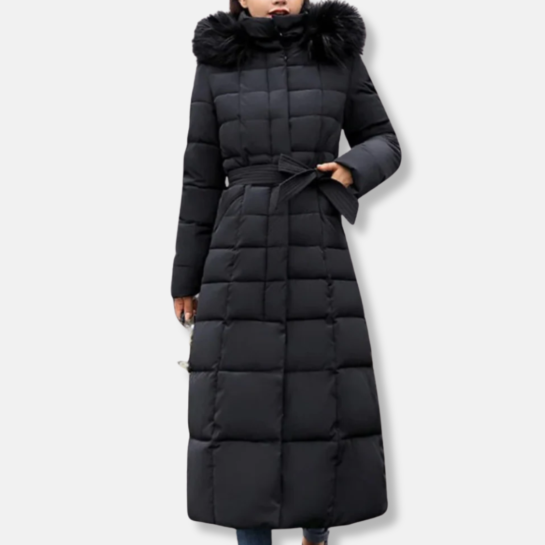 Quilted Belted Fur Hood Insulated Coat
