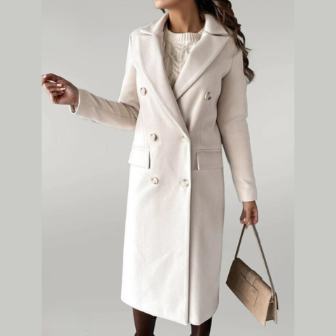 Women's Long Coat - Wool Blend - Double Breasted - Tailored Fit - Notch Lapel