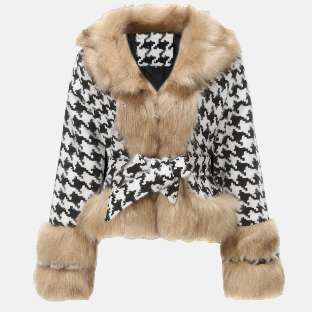 Houndstooth Fur Trim Belted Short Coat