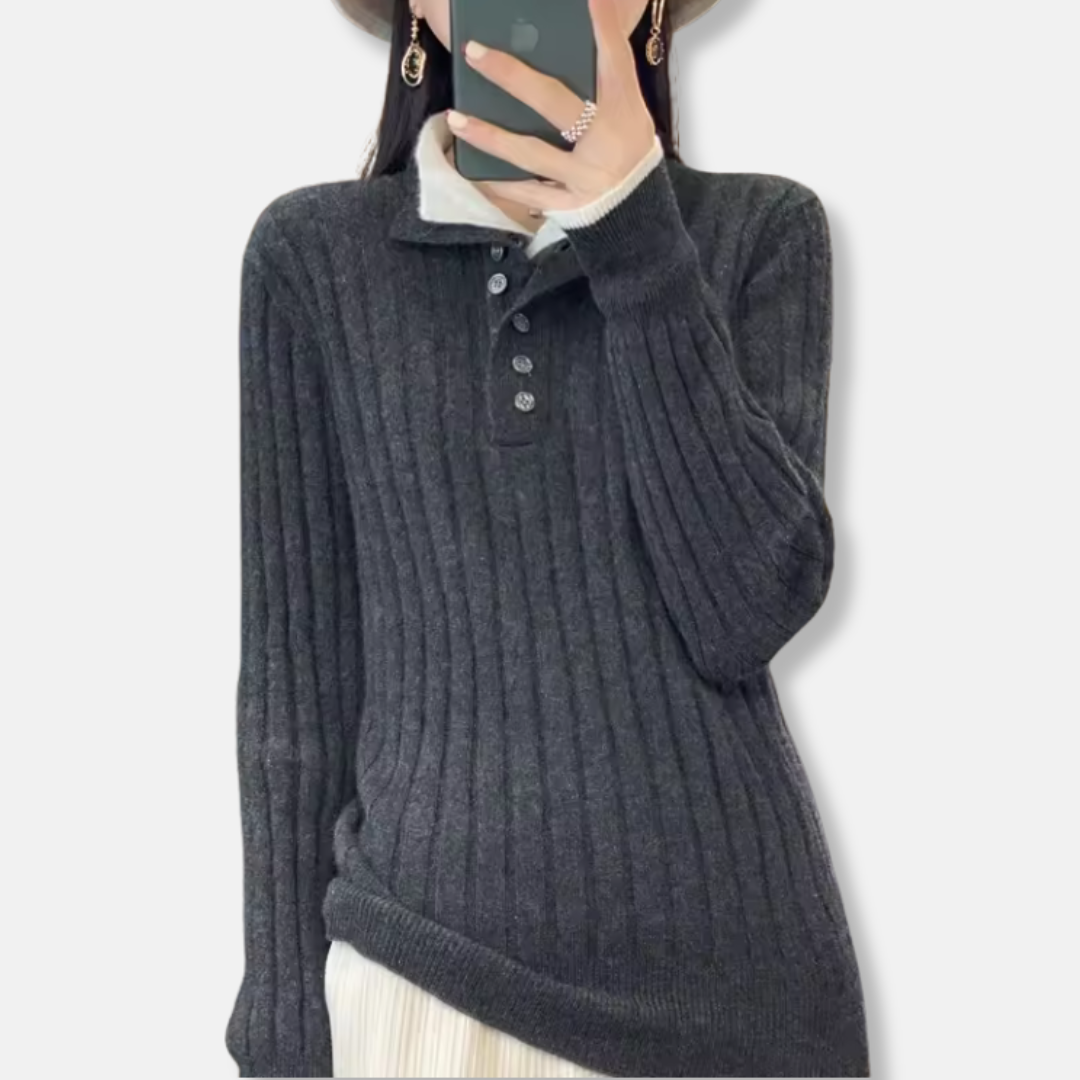 Ribbed Knit Polo Collar Pullover Sweater
