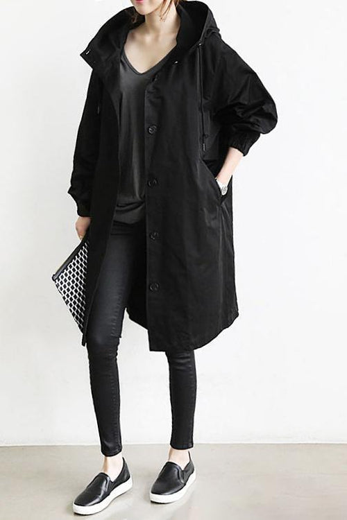 Treated Woven Hooded Long Trench Coat