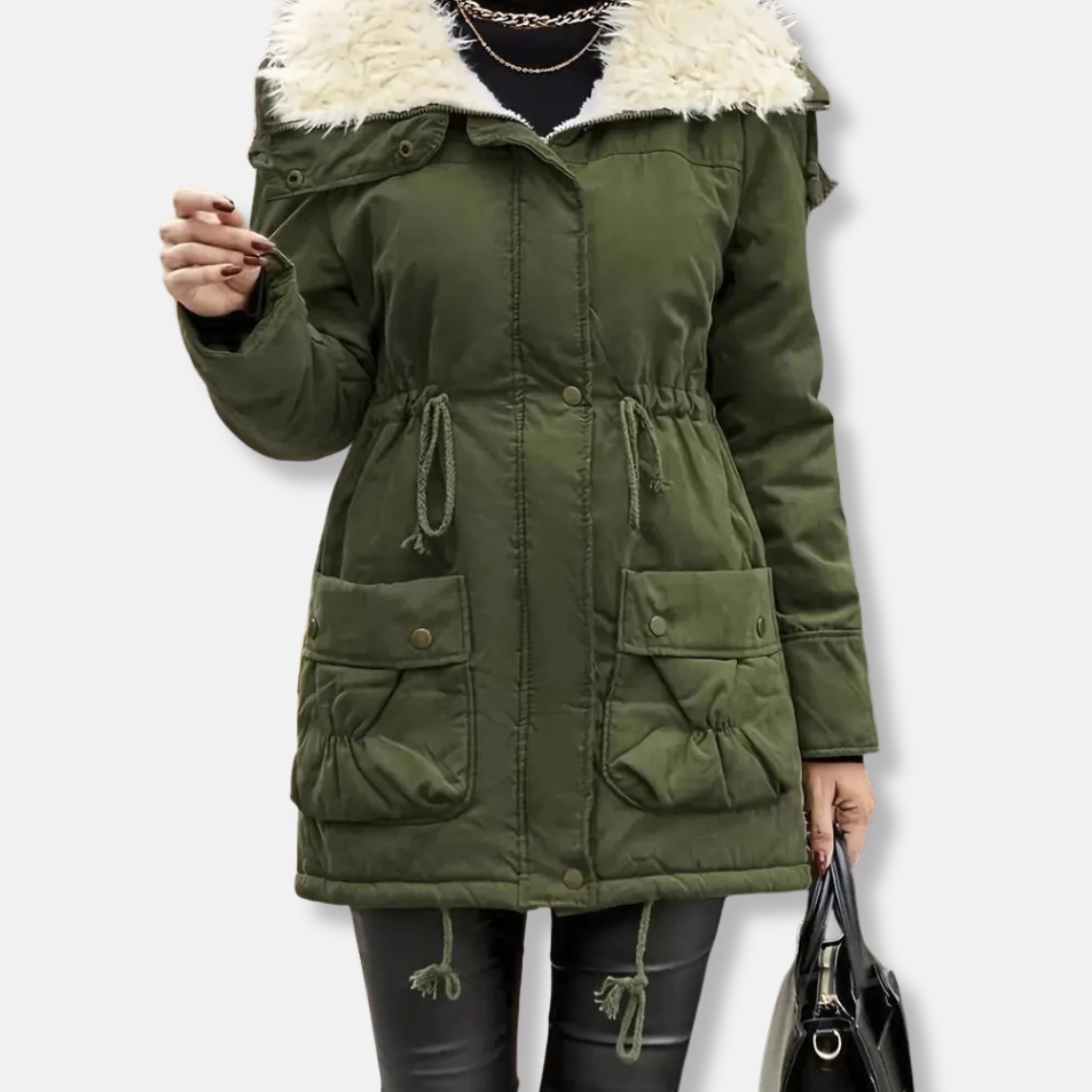 Faux Fur Hood Drawstring Waist Parka Jacket