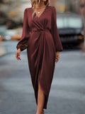 Women's Midi Wrap Dress - V-Neck - Long Sleeves - Asymmetric Slit - Elegant Formal Look