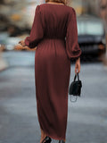 Women's Midi Wrap Dress - V-Neck - Long Sleeves - Asymmetric Slit - Elegant Formal Look