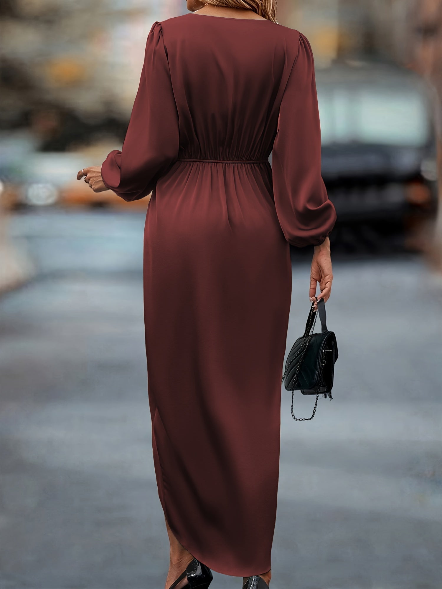 Women's Midi Wrap Dress - V-Neck - Long Sleeves - Asymmetric Slit - Elegant Formal Look