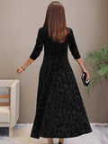 Women's Evening Dress - Velvet - V-neck - A-line - 3/4 Sleeves - Floral Pattern