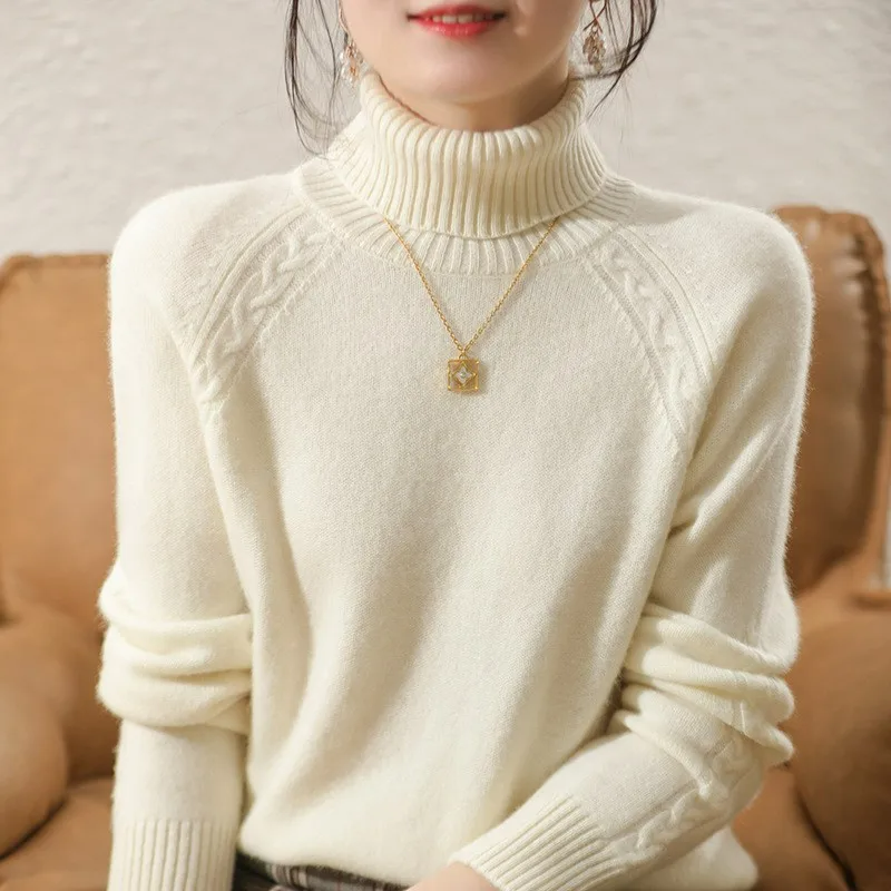 Wool Blend Cable Knit Turtleneck Sweater